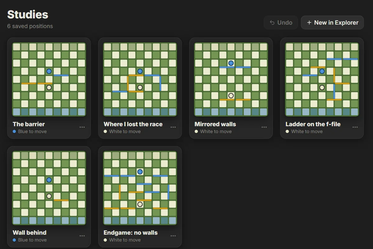 The Studies page: six saved boards with their names, whose move it is, and where each was saved from