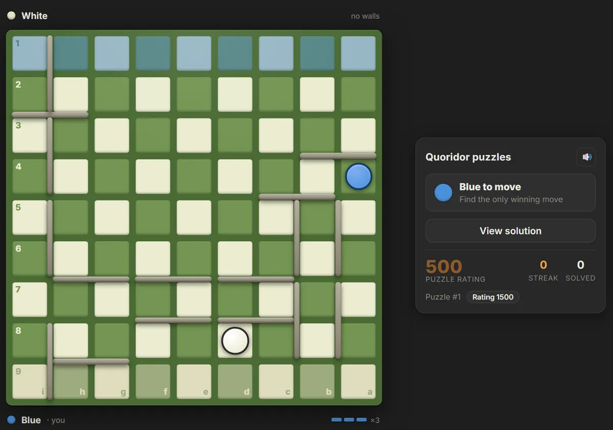 A puzzle: Blue to move, find the only winning move, with the player's puzzle rating, streak and solved count