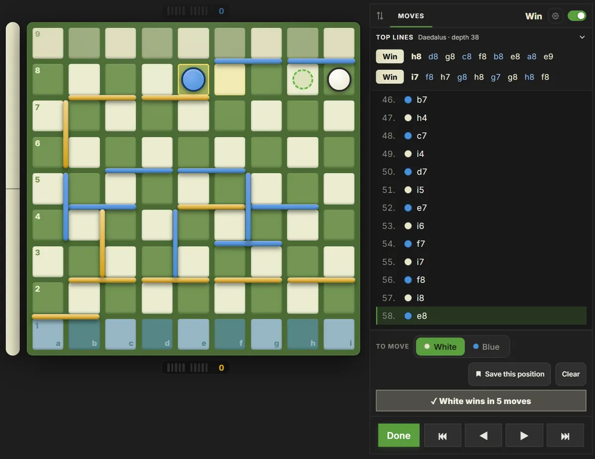 The endgame solver on a position with no walls left: White wins in 5 moves, with the winning lines